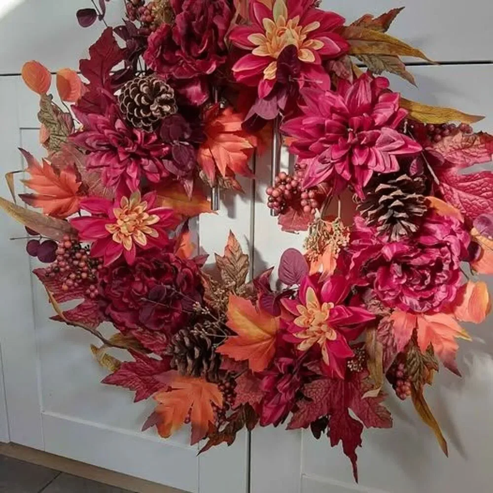 Door Wreath Autumn Dahlia, maple leaves and pinecone BURGUNDY RED ORANGE FLOWERS